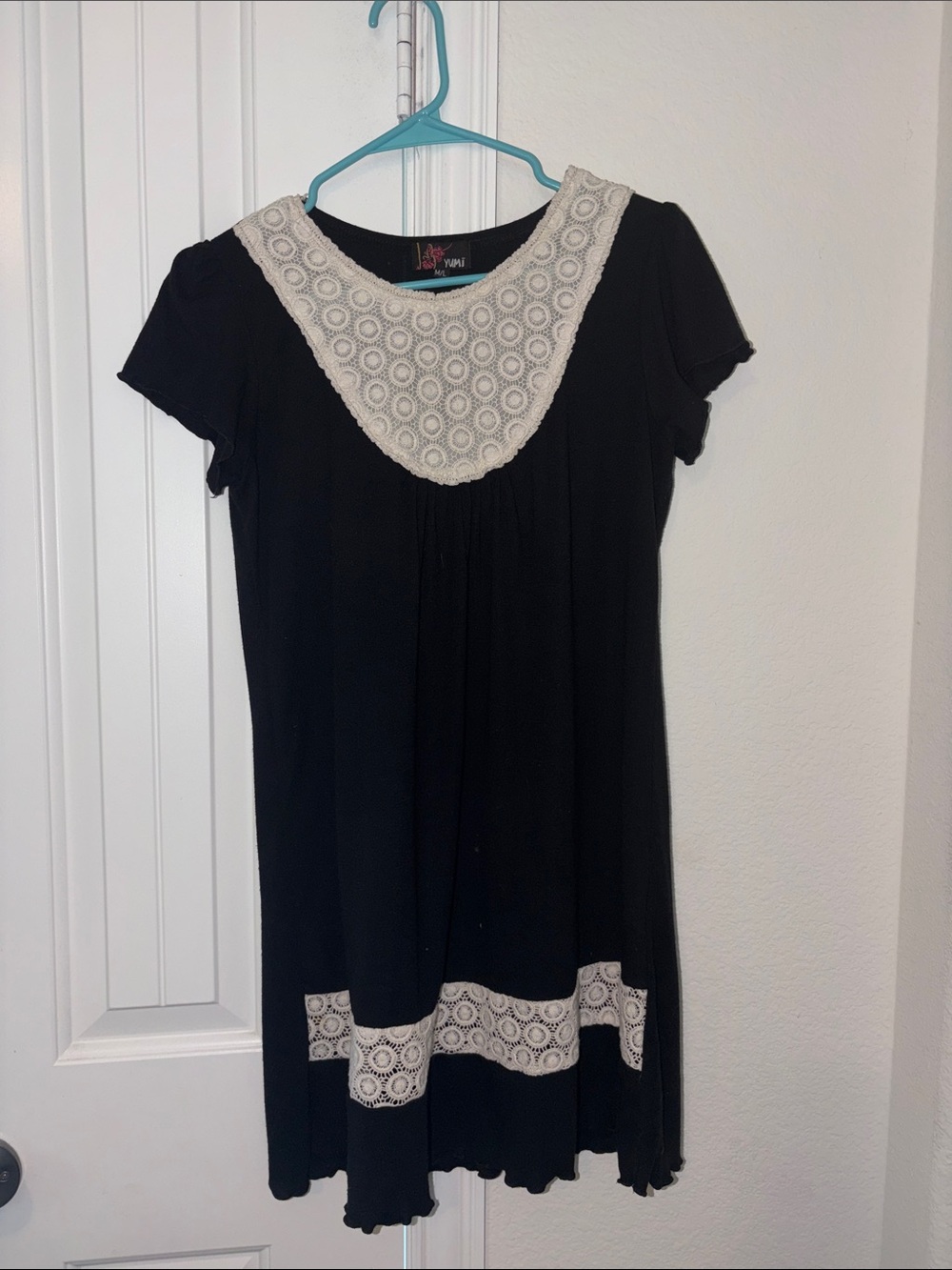Umi Black Tunic/dress with Cream Lace Yoke and Hem